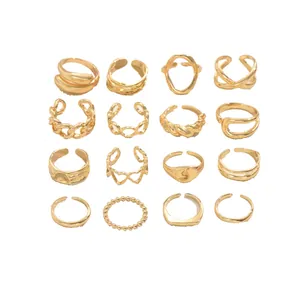 16-piece set of gold minimalist open rings featuring heart and textured link designs