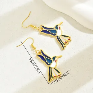 Colorful hummingbird drop earrings in gold plating with blue and white enamel detailing