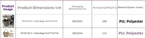 Tableau des tailles du sac seau à damier avec dimensions, matériau PU et poids total