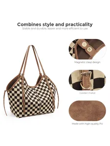 Close-up of golden hardware, magnetic buckle, and high-quality PU checkerboard leather detail