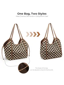 Dual-shape checkered tote bag detail showing internal fixed buckles for silhouette adjustment