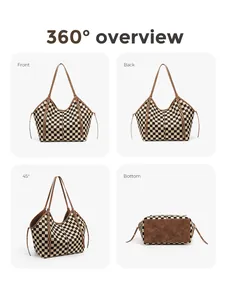 360-degree views of checkered tote bag showing front, back, side and bottom details