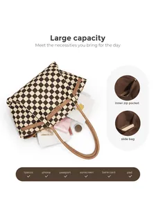 Interior view of checkered tote bag showing zip pocket and large capacity for daily items