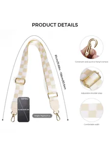 Detail showing adjustable checkerboard canvas strap with gold swivel hooks and buckle
