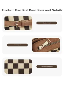 Macro view of checkered tote bag details with gold metal hardware and zipper