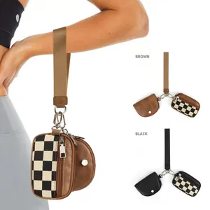Moderno Portamonete da Polso in Pelle PU e Tela a Scacchiera per Donna Borsa Mini Doppia Multifunzionale Con Fibbia in Metallo