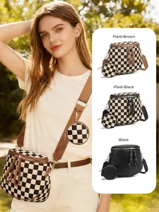 Crossbody checkerboard bum bag with detachable coin purse and tassel zippers detail