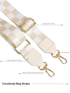 Adjustable plaid woven strap with gold metal buckles and 360-degree rotating hooks