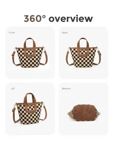 360-graden productoverzicht van geblokte PU-emmer tas met voor-, achter- en onderaanzichten
