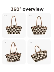 Detailed views of checkered dumpling tote bag showing front, back, and side perspectives