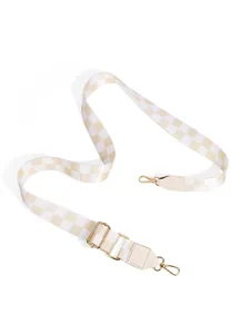 Detail view of adjustable beige checkered purse strap with premium gold metal hardware hooks