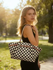 Close-up of checkerboard tote bag with brown leather strap detail in natural light