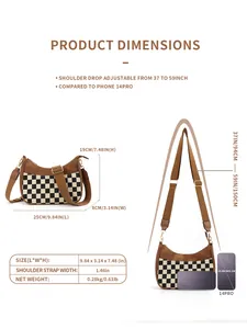 Size chart for checkerboard shoulder bag showing dimensions 9.84x3.14x7.48 inches and weight