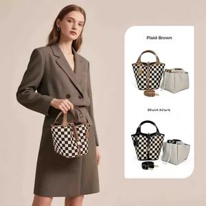 Sac Seau Rétro à Damiers Femmes Grande Capacité Toile Cuir PU Sac à Bandoulière Avec Bandoulière Réglable et Cadenas