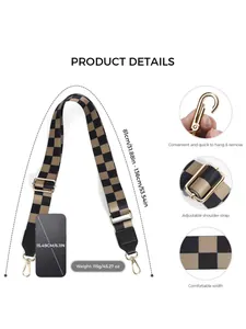 Adjustable checkerboard bag strap with gold metal hooks and 81-136cm length details