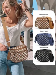 Three-color checkered crossbody bags in denim brown, blue and black with tassel details