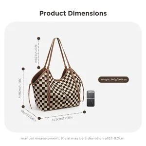Checkered tote bag product dimensions chart with measurements and weight details