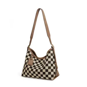 Fashion Checkerboard Tote Bag Large Capacity Women PU Leather Shoulder Bag Vintage Underarm Bag For Daily Commute