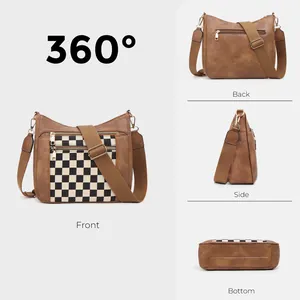 Borsa a tracolla vintage a scacchi con tasche multiple e ampia cinghia intrecciata
