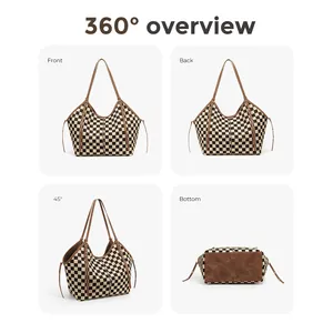 360-degree view of a large checkerboard tote bag with woven fabric and brown leather handles
