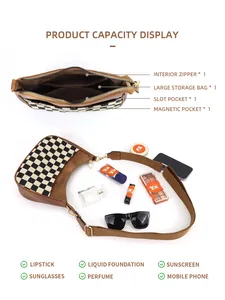 Interior view showing the large capacity and multiple pockets of the checkered hobo bag