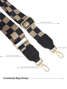 Detail of adjustable gold buckle and 360-degree rotating hook on checkered bag strap