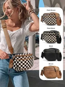 Checkered crossbody shell bag with adjustable strap and small hanging coin pouch detail