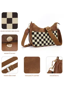 Macro details of checkerboard crossbody bag with magnetic buckle and golden hardware