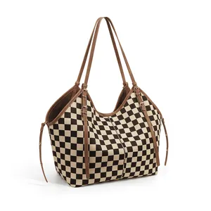 Classic checkered tote bag with large capacity and adjustable brown leather straps