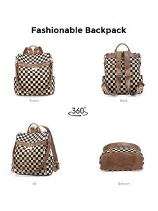 Multi-angle view of checkered backpack with leather trim showing front and back details