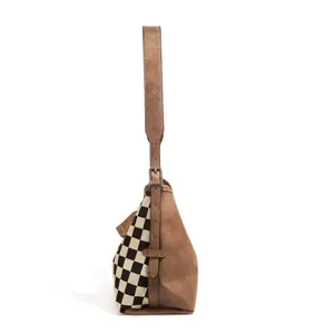 Retro brown PU shoulder tote bag with side checkerboard pattern on white background