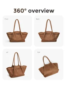360-degree views of a brown checkerboard tote bag showcasing front, back, and top angles