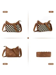 Detailed views of checkered shoulder bag showing front, back, side and bottom angles