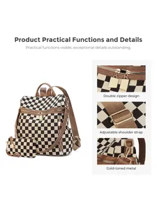 Detail of checkered backpack featuring dual zippers, adjustable straps, and gold hardware