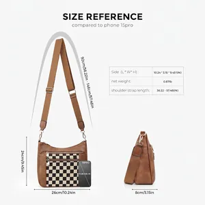 Borsa a tracolla vintage marrone a scacchi con tasche a zip e tabella delle taglie