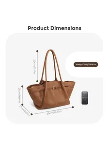 Detailed size guide for large brown tote bag with 15 Pro reference and measurements