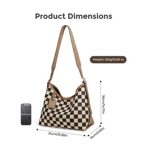 Classic checkered tote bag with shoulder strap and size comparison to iPhone 15 Pro