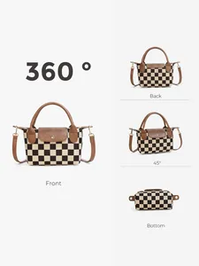 Vues détaillées d'un sac à main en toile à carreaux avec garniture en cuir sous divers angles