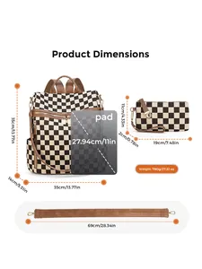 Detailed size specifications of the checkered backpack set with precise dimensions