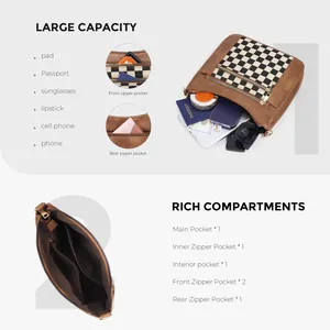 Borsa a tracolla vintage marrone a scacchi con tasche multiple e ampio spazio interno