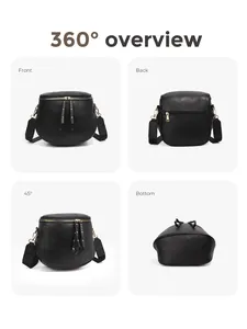 360-Grad-Ansicht einer schwarzen Kiesel-Ledertasche mit goldenen Reißverschlüssen