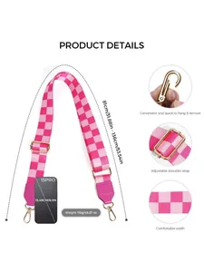 Pink checkered bag strap with adjustable length 81-136cm and gold metal hooks
