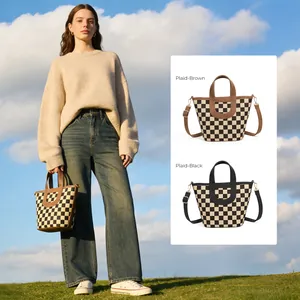 Dames Vintage PU-leer Canvas Ruitjes Emmer Tas Grote Capaciteit Tote Schouder Crossbody Tas Met Verstelbare Riem Dagelijks