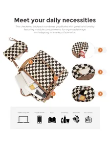 Detailed view of checkerboard backpack with multiple compartments and matching wristlet
