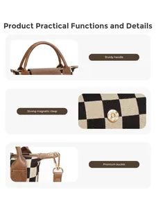 Détails du sac à damier montrant la poignée en cuir, le fermoir magnétique et les boucles