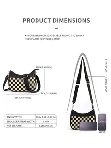 Detailed size chart for checkerboard crossbody crescent bag with adjustable strap length