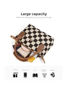 Détail de la capacité interne du sac à main à carreaux avec icônes de rangement