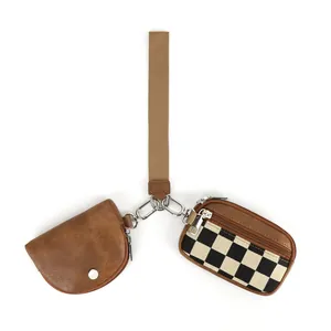 Pochette da polso a scacchi funzionale con cinturino kaki e mini set portamonete