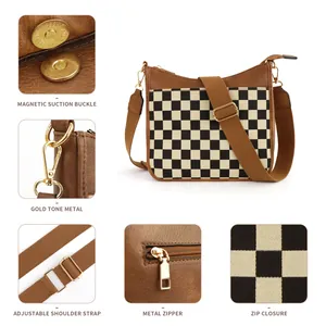 Retro-Schultertasche mit Karomuster, braunem Lederbesatz und verstellbarem Riemen