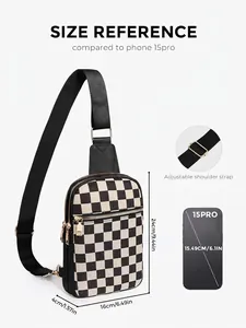 Size chart for checkerboard cross-body bag showing 24x16x4cm dimensions and phone comparison